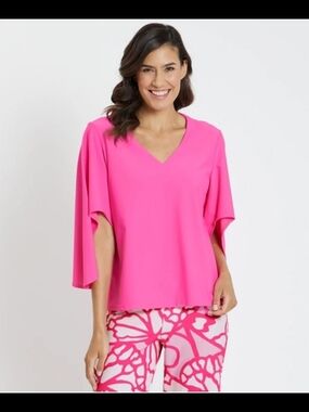 Jude Connally Hot Pink V-Neck Flutter Sleeve Blouse
